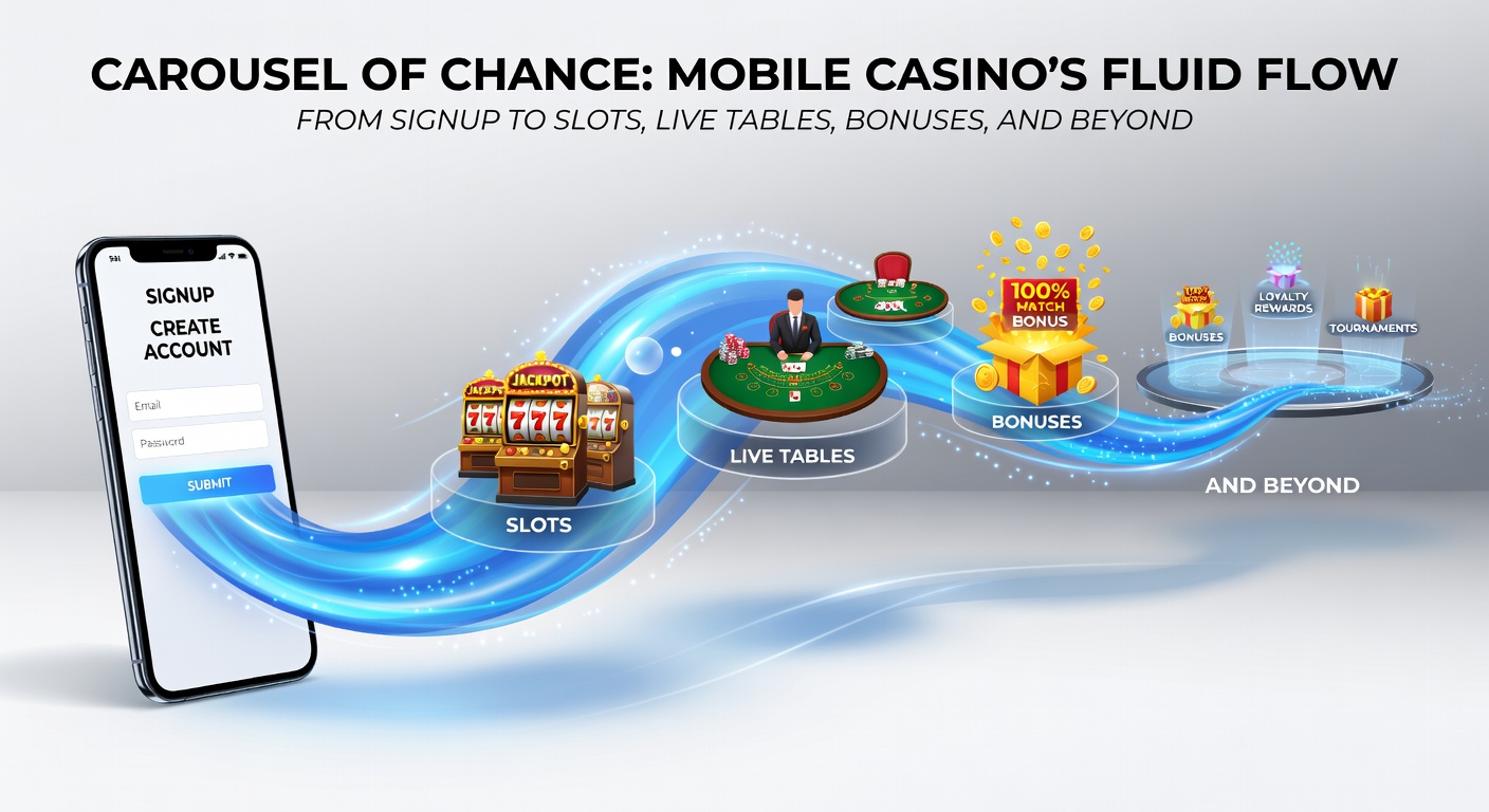 Mobiele casino interface met draaiende carrousel van spellen, slots en live tafels die vloeiend overgaan in bonusaanbiedingen