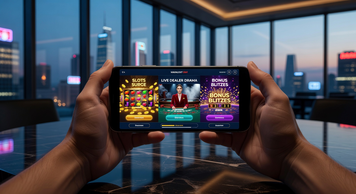 Smartphone met draaiende mobiele slots en live dealer tafels op een dynamische achtergrond, symboliserend de high-stakes actie in de palm van de hand