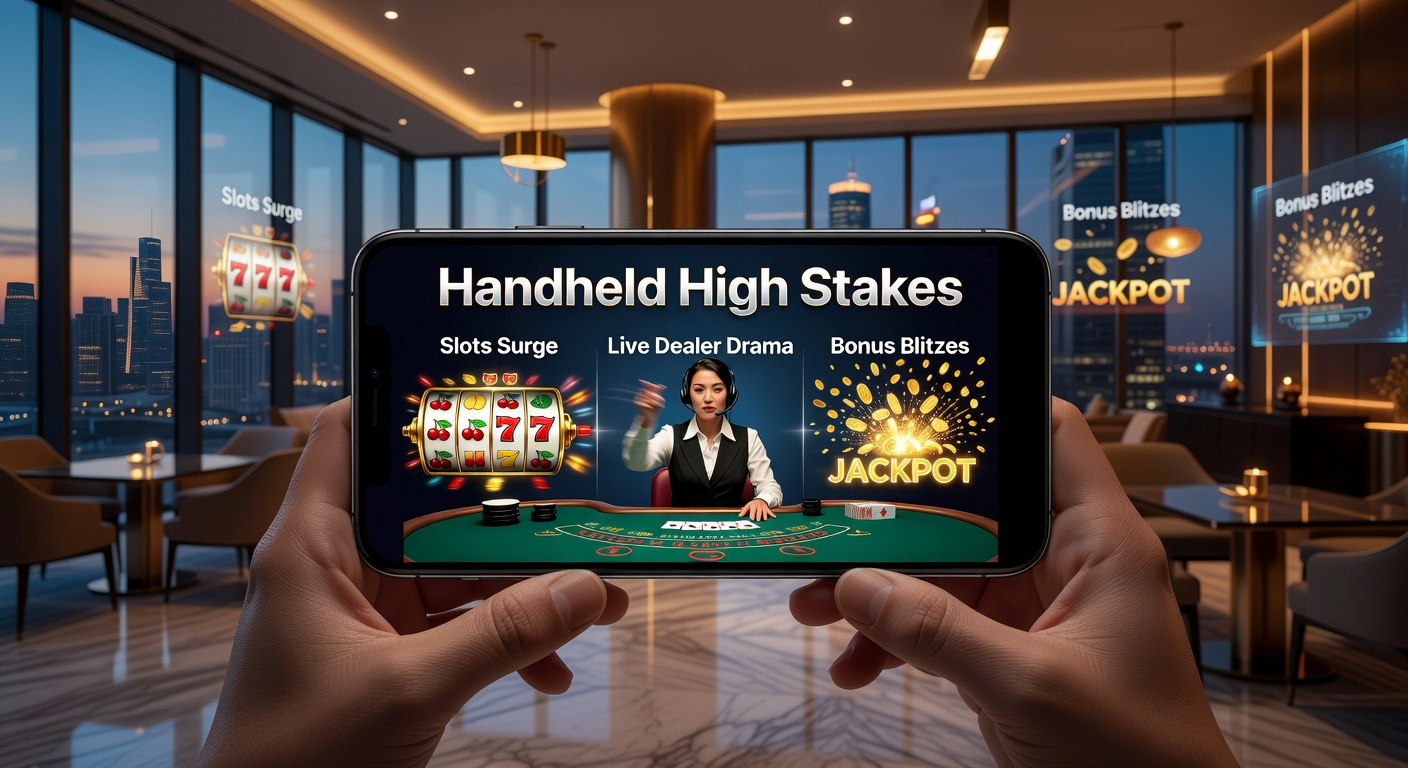 Live dealer aan een roulette tafel op een mobiel scherm, met bonus iconen en slots in de achtergrond, capturerend de dramatische high-stakes mobiele casino actie