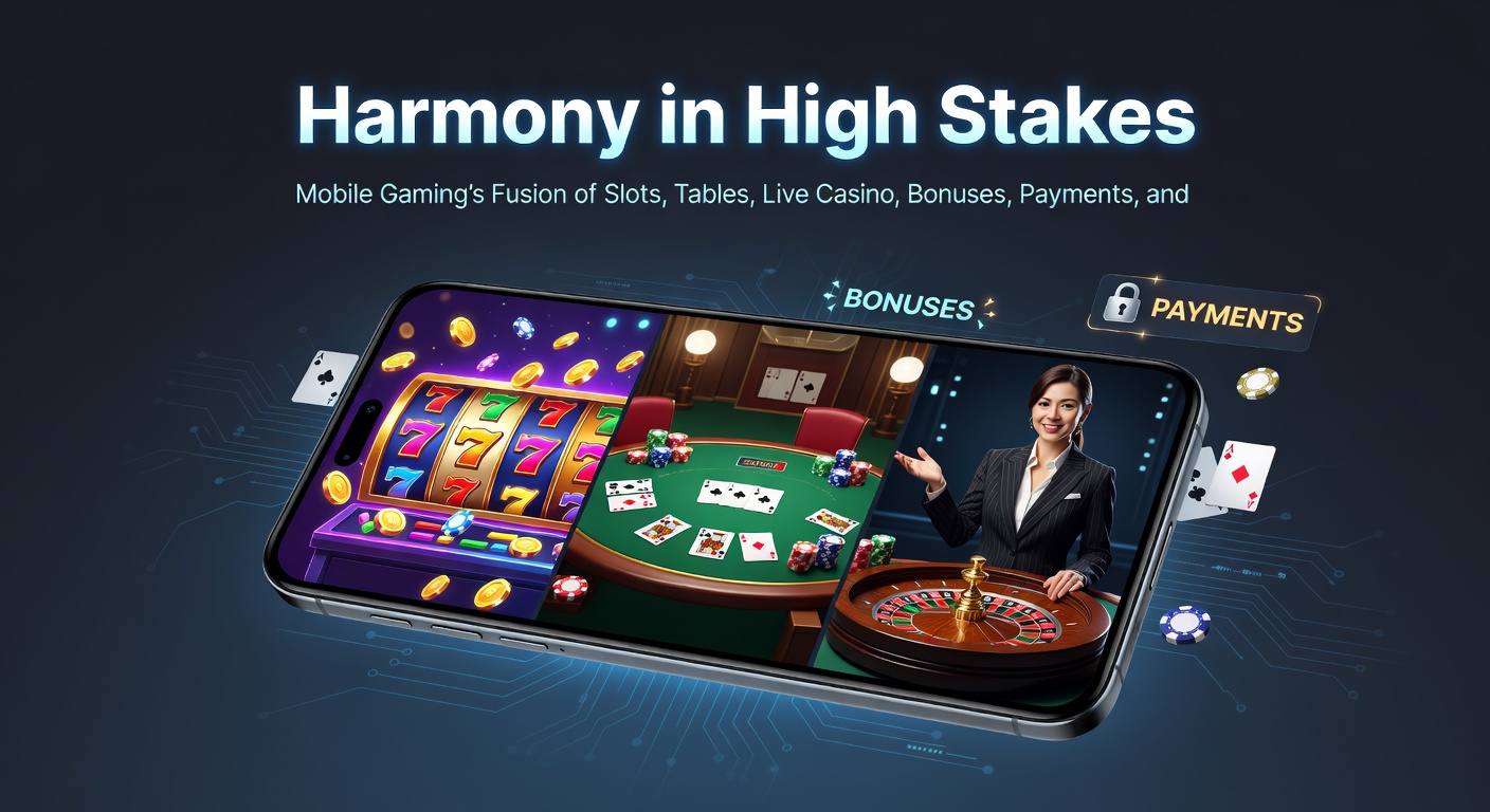 Live casino dealer deelt kaarten uit terwijl mobiele interface bonussen en betalingsopties toont in harmonie