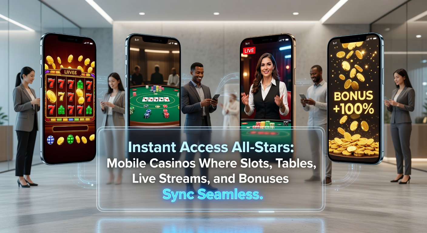Live dealer stream op mobiel met slots en bonusaanbiedingen zichtbaar in gesynchroniseerde interface