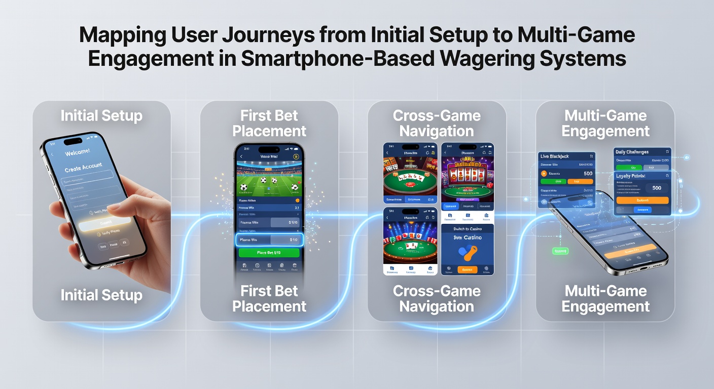 Illustratie van gebruikersreizen in mobiele weddenschapsapps van setup tot multi-game interactie