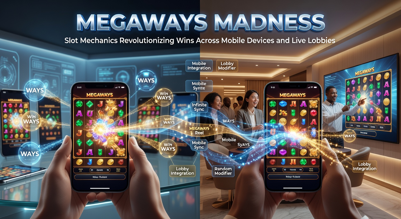 Live casino lobby met Megaways slots zichtbaar op een tablet en desktop, met spelers interactief rond een tafel, illustrerend integratie van dynamische mechanics in live omgevingen