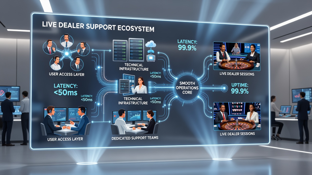 Illustratie van ondersteuningsnetwerken die live dealer operaties en bonusafhandeling op mobiele apparaten in stand houden