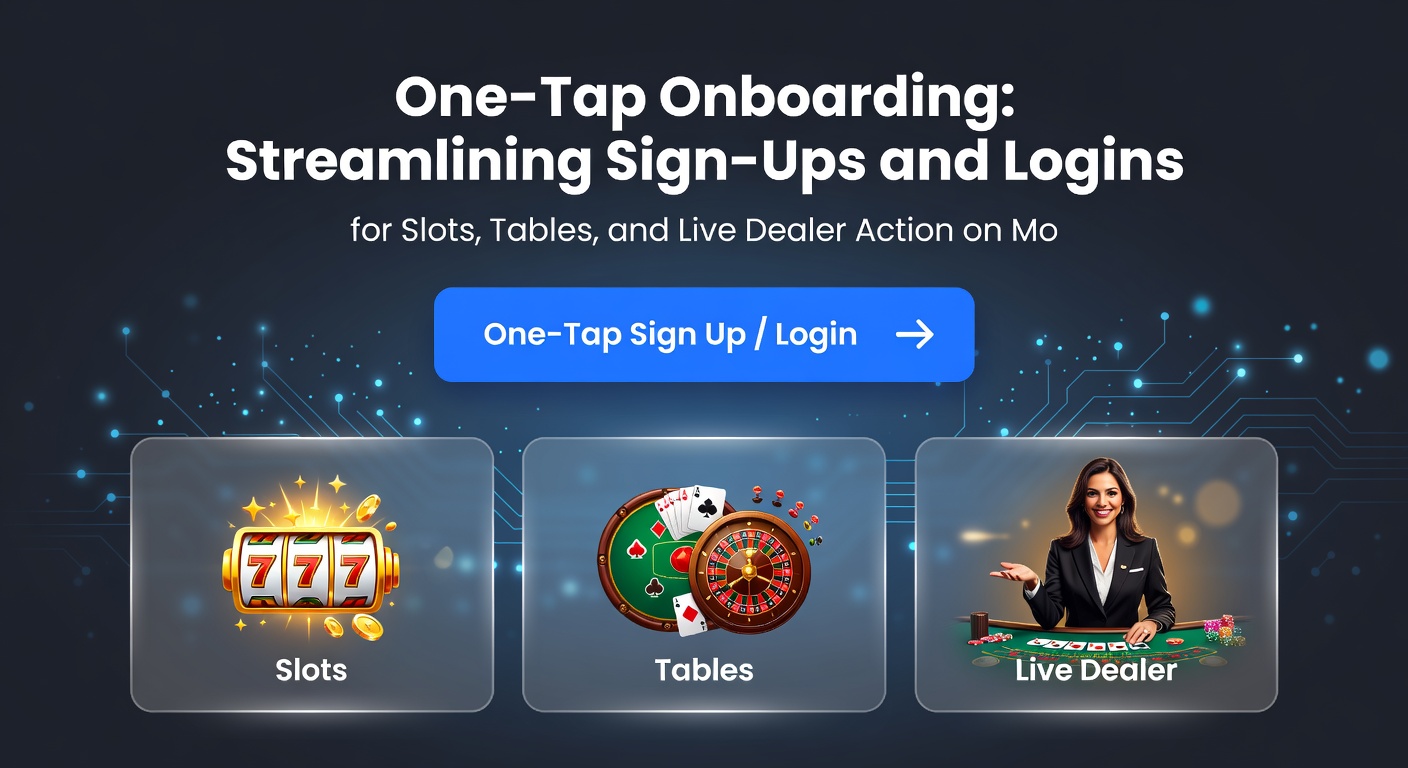 Grafiek met statistieken over onboarding-snelheid in mobiele casino-apps, inclusief pijlen naar slots, tafels en live dealers met one-tap icons