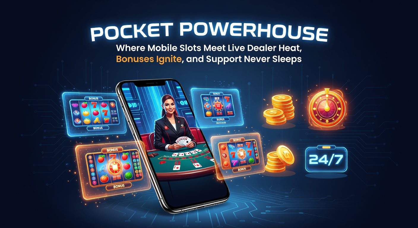 Smartphone met draaiende mobiele slots en live dealer tafels op een dynamische achtergrond vol bonussen en support iconen