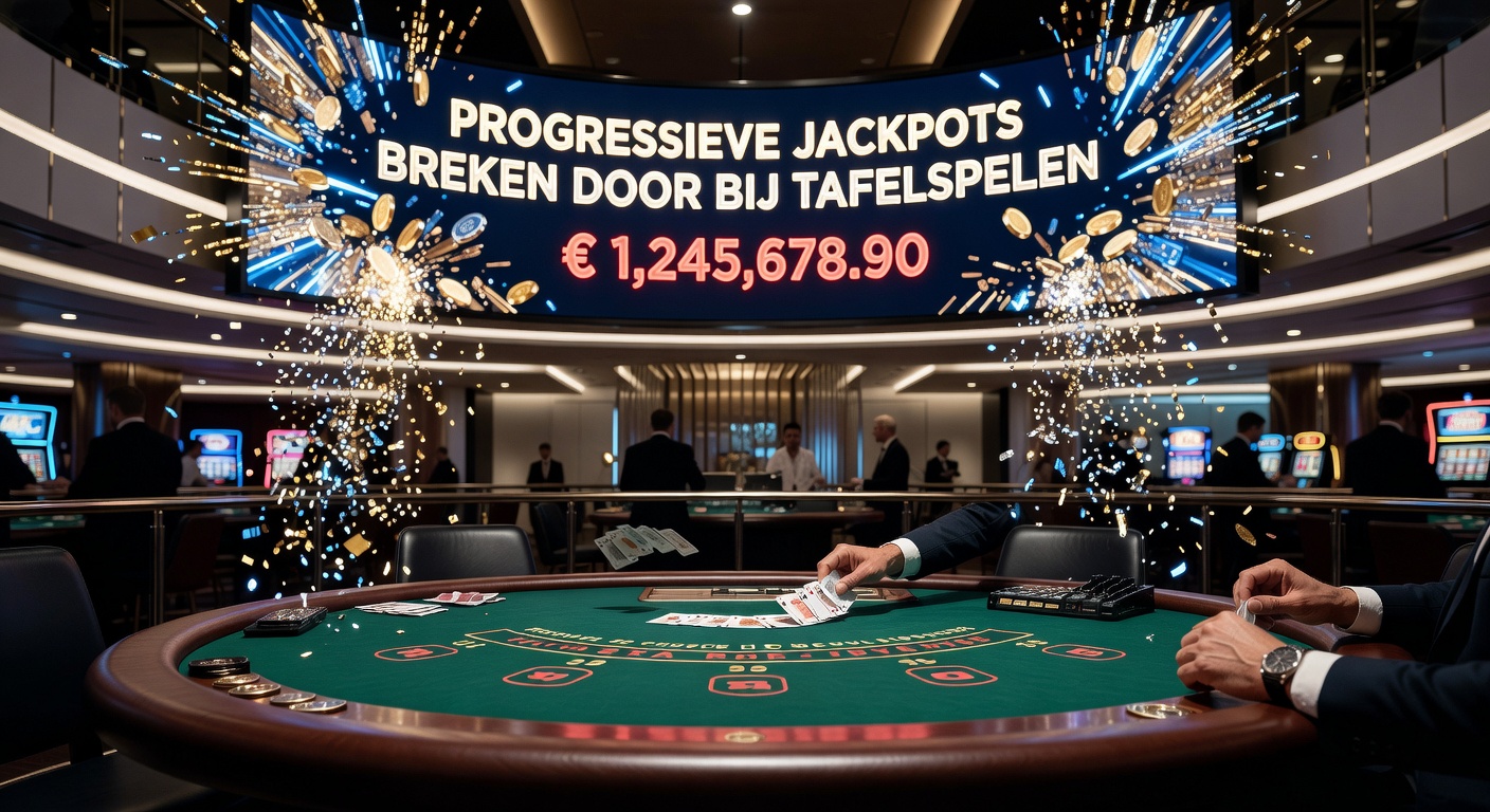 Close-up van een live dealer bij een blackjacktafel met een gloeiende progressieve jackpotdisplay op de achtergrond, symboliserend de opwinding van groeiende prijzen