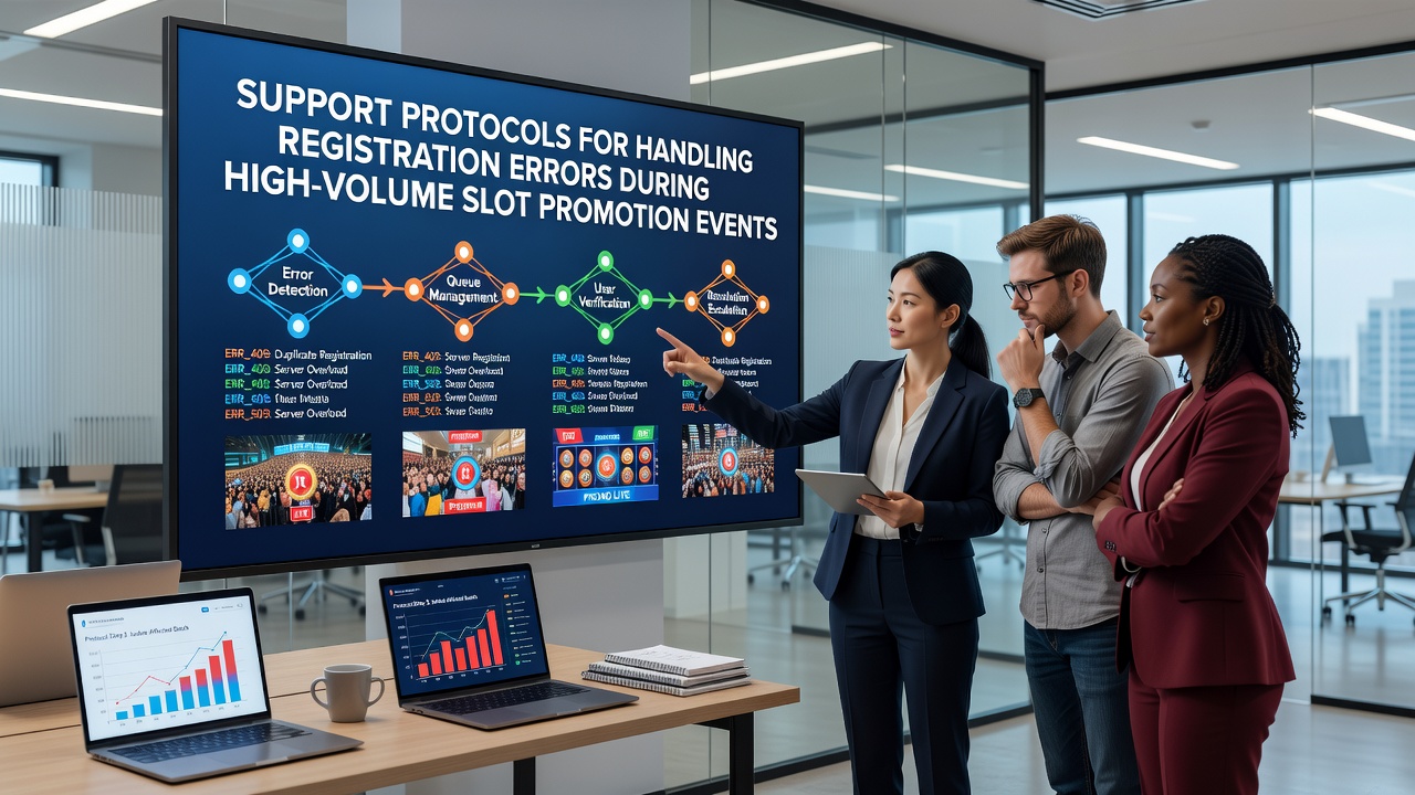 Illustratie van support teams die registratieproblemen afhandelen tijdens online slot promoties