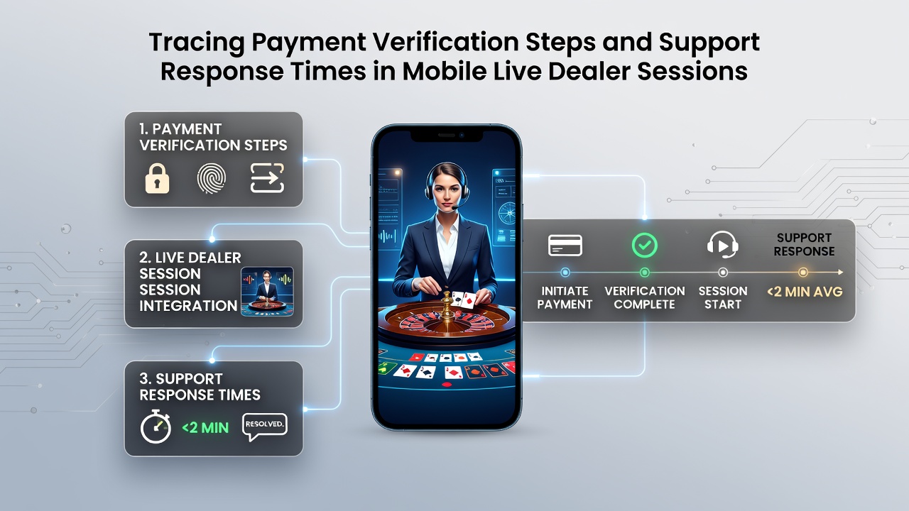 Overzicht van betalingsverificatiestappen in mobiele live dealer omgevingen met diagrammen en mobiele interfaces
